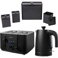 Salter Kuro Black Kettle Toaster Set Cannisters Bread Bin Tea/Coffee/Sugar Tin