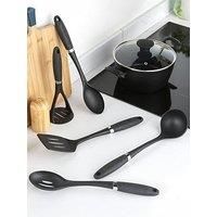 Russell Hobbs RH03026EU7 5-Piece Set – Venus Collection, Masher, Turner, Slotted, Solid Spoon, Ladle, Hanging Hooks, Soft Touch Handles, Easy Clean, Nylon Kitchen Utensils, Black