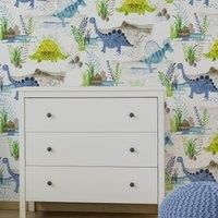 Roar! Dinosaur Wallpaper White/Blue/Green