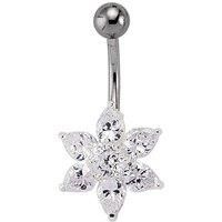 Silver Jewelco London CZ Flower Cluster & Stainless Steel Banana Belly Bar Ball