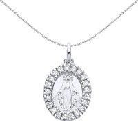 Silver Jewelco London CZ Oval Halo Madonna Miraculous Medallion Necklace 18"