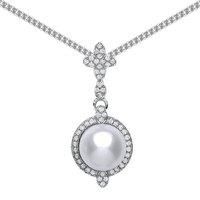 Silver Jewelco London CZ Simulated Pearl Halo Charm Necklace 9mm 18 inch