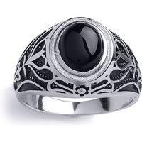 Mens Silver Jewelco London Black Oval Onyx Carved Cabochon Signet Ring