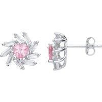 Silver Pink Baguette CZ Sunburst Love Heart Stud Earrings - GVE699