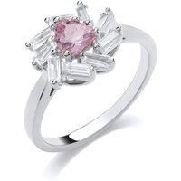 Silver Jewelco London Pink Baguette CZ Sunburst Love Heart Cluster Ring