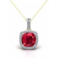 2-Colour 9ct Gold Jewelco London Red Cushion CZ Solitaire Halo Necklace 20"