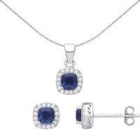 Silver Jewelco London TV Square Halo Solitaire Earrings Necklace Set