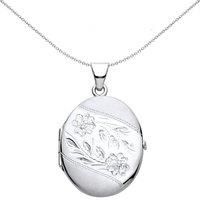 Silver Flower Leaves Engraved Ribbon Satin Oval Locket Necklace - LK57