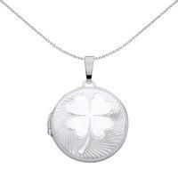 Silver Fluted 4 Leaf Clover Round Locket Pendant Necklace 18 inch - LK69