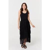Izabel London Metallic Textured Tiered Midi Skirt for Women UK with an Elasticated high Waist and a Curved Hem. Black