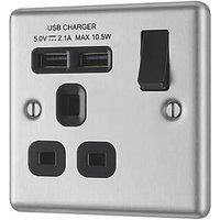 LAP 13A 1-Gang SP Switched Socket + 2.1A 2-Outlet Type A USB Charger Brushed Stainless Steel with Black Inserts (3597F)