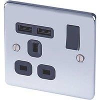LAP 13A 1-Gang SP Switched Socket + 2.1A 2-Outlet Type A USB Charger Polished Chrome with Black Inserts (3163F)