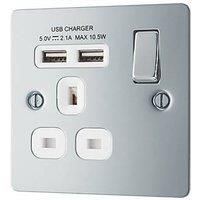 LAP 13A 1-Gang SP Switched Socket + 2.1A 2-Outlet Type A USB Charger Polished Chrome with White Inserts (7271F)