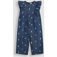 Jojo Maman Bebe Girls Floral Embroidered Frill Shoulder Jumpsuit - Blue