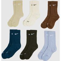 Nike Kids Crew Socks 6 Pack in Blue, Brown & Cream, Fabric, Size: 2-5