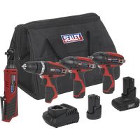 Sealey CP1200COMBO 12V 4 Piece Kit - CP1201 Hammer Drill/Driver, CP1202 Ratchet
