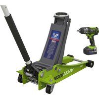 Sealey 2.2 Tonne Trolley Jack & Green 18V Cordless Impact Wrench - 2001LEHVCOMBO