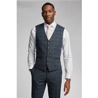 Antique Rogue Slim Fit Dax Navy Blue Teal Herringbone Check Waistcoat by Suit Direct
