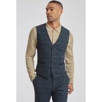 Antique Rogue Slim Fit Dax Navy Blue Teal Herringbone Check Waistcoat