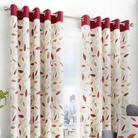 Red Eyelet Curtains Beechwood Leaf Cotton Ready Made Ring Top Curtain Pairs