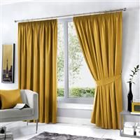 Fusion DIJON Ochre Yellow - Blackout Pencil Pleat Curtains, Tiebacks & Cushions
