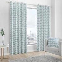 Fusion DELFT Modern Scandi Leaf 100% Cotton Lined Eyelet Ring Top Curtains Pair