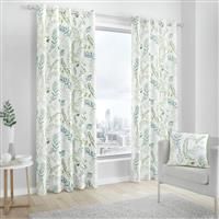 Green Eyelet Curtains Fern Leaf Cotton Ready Made Lined Ring Top Curtain Pairs