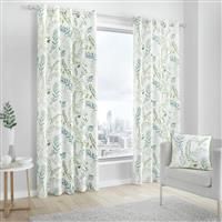 Green Eyelet Curtains Fern Leaf Cotton Ready Made Lined Ring Top Curtain Pairs