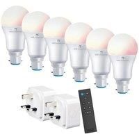 4LITE Wiz Connected Smart Lighting Starter Kit with 6 x B22 RGBW Bulbs, Remote & 2 x Plugs