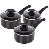 Tower Essentials Pot Set 16, 18 and 20 cm, Ceramic Coating and Glass Lids, 3 Piece, Black