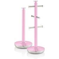Swan SWKA1054PN Retro Kitchen Towel Pole and 6 Branch Mug Tree, Pink