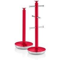Swan SWKA1054RN Retro Kitchen Towel Pole and 6 Branch Mug Tree, Red