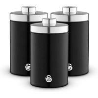 Swan SWKA18530BLK Townhouse Set of 3 Kitchen Storage Canisters for Tea, Coffee, and Sugar with Pull Chrome Handles, Airtight Lids, Colour Coated Iron and Chrome Accents, 1.6L, Black
