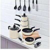 Swan SWPS5022CRM Townhouse 14 Piece Aluminium Cookware and Tool Set with 16/18/20cm saucepans with Glass Lids and 20/26cm Frying Pans, Cream