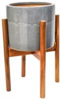 Ivyline Anzio Warm Grey Planter With Wooden Stand - H38.5Cm D24Cm