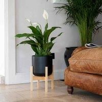 Ivyline Lisbon Planter with Wooden Stand - Dark Grey - Waterproof Premium Quality Glazed Decorative Indoor Ceramic Flower Pot & Rack - H43.5cm x D26cm