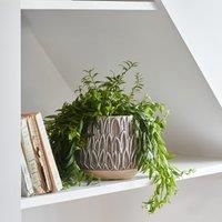 Ivyline Aries Leaf Embossed Bowl Planter in Mocha - Stylish, Waterproof & Durable - Decorative Round Glazed Indoor Ceramic Flower Pot - H20cm x W22cm