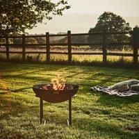 Ivyline Round Cast Iron Fire Pit in Rust with Geometric Stand - UV Stable & Contemporary Outdoor Firepit - H49 x W80cm