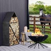 Ivyline House Log Storage Sculpture in Natural Black - Outdoor & Frost Resistant - Contemporary Metal Firewood Holder - H125 x W70 cm