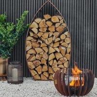 Ivyline Log Storage Sculpture in Natural Rust with Leaf Arch Design - Outdoor & Frost Resistant - Contemporary Metal Firewood Holder - H125 x W71 cm