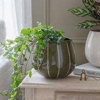 Ivyline Nova Wax Relief Planter in Green - Premium Glaze and Handmade - Striped Ceramic Houseplant Pot - H18cm x D23cm
