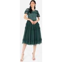 Maya Deluxe Women's Embellished Short Sleeve Midi Dress in Emerald | Size: 18