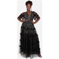 Maya Deluxe Women's Fully Embellished Short Sleeve Maxi Dress in Black | Size: 8