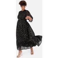 Lovedrobe Women/'s Midaxi Dress Ladies Puff Sleeve Round Neck Frill Tiered Hem Star Print Empire A-line for Party Cocktail Evening, Black, 12