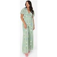 Maya Deluxe Women/'s Ladies Jumpsuit Short Sleeve V-Neck Wrap Tie Belt Open Back Embroidered Wide Leg for Wedding Guest Occasion, Sage Green, 8