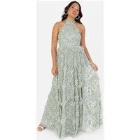 Maya Deluxe Women/'s Maxi Dress Ladies Halterneck Sleeveless Sage Sequin Embellished Ruffles Split Slit A-line Evening Ball Gown Green Lily 14