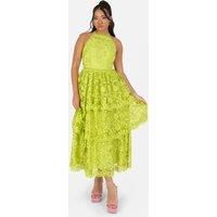 Maya Deluxe Women's Halter Neck Tiered Lace Midi Dress in Green | Size: 20