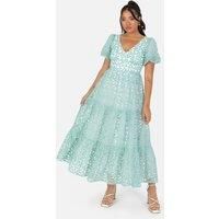 Maya Deluxe Women/'s Ladies Midi Dress V-Neck Short Puff Sleeves Keyhole Back Floral Embroidery Tie Bow A-line for Wedding Guest Prom Mint 18