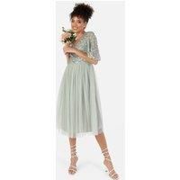Maya Deluxe Women's Short Flutter Sleeve Embellished Midi Dress in Mint | Size: 16