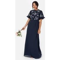 Maya Deluxe Women/'s Maxi Dress Ladies Short Angel Sleeve Round Neck Floral Sequin Embellished A-line for Wedding Guest Ball Gown, Navy Blue, 18